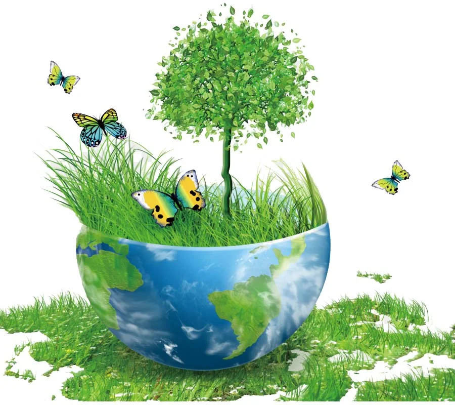 Mô hình Trái Đất phủ cỏ và cây xanh với những cánh bướm xung quanh