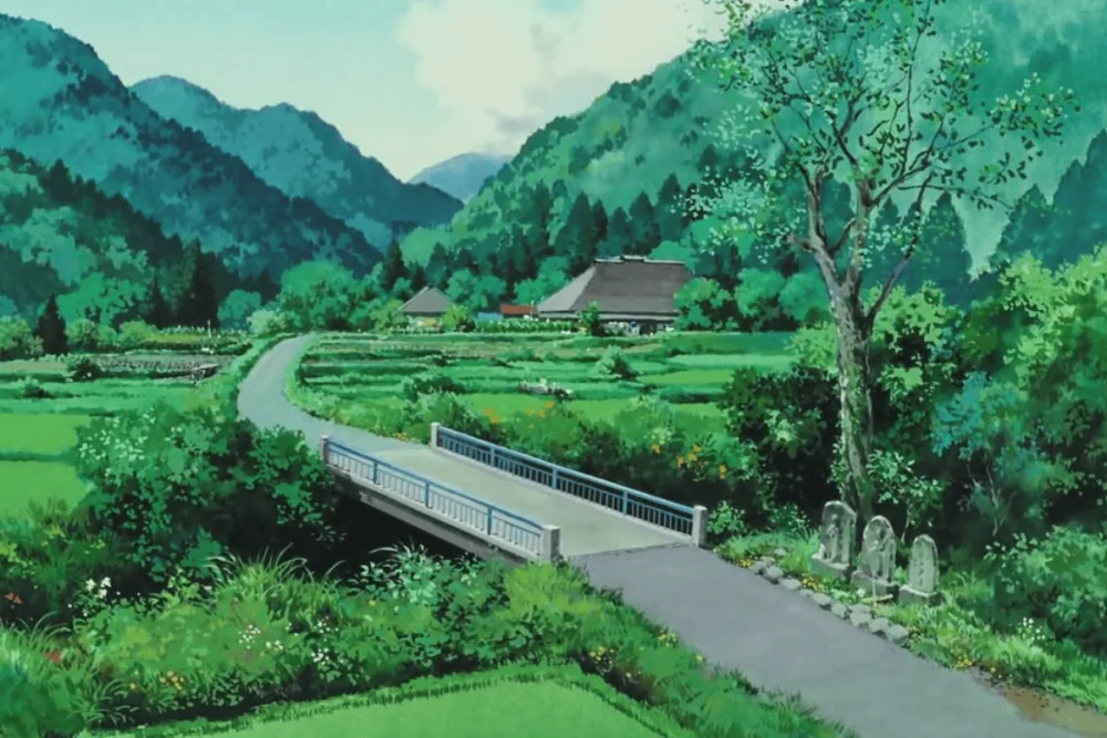 Background anime làng quê hòa nhịp với thiên nhiên xanh