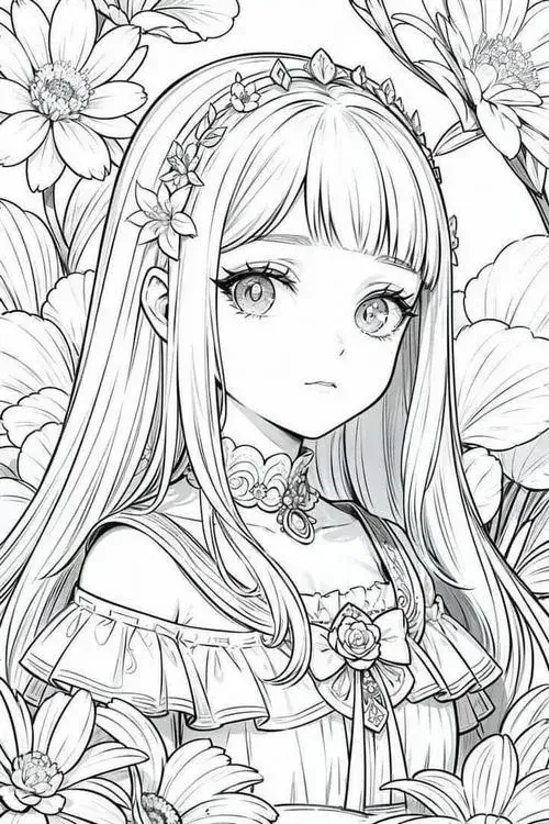 tranh công chúa anime đứng giữa vườn hoa lớn