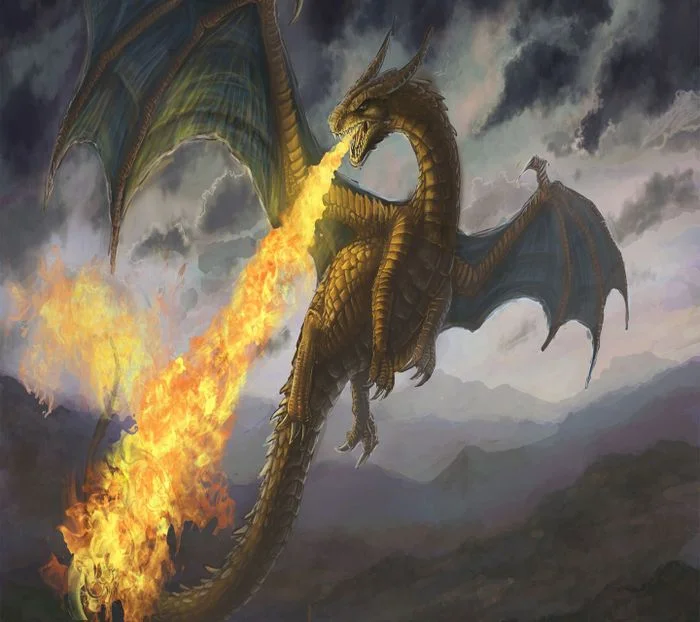 Hình ảnh con rồng fantasy đang phun lửa với đôi cánh vảy lớn giữa bầu trời mây bão và núi non