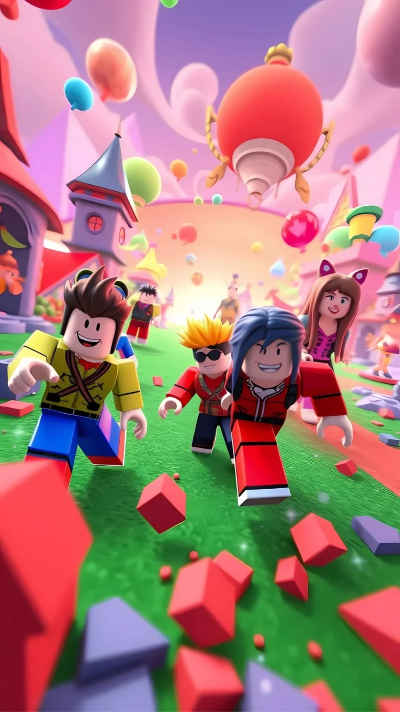 Hình ảnh Roblox với các nhân vật hoạt hình đang chạy trong thế giới ảo rực rỡ