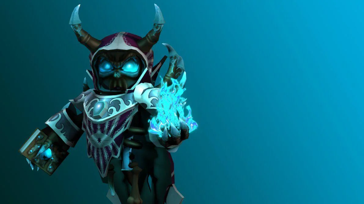 Nhân vật Roblox quái vật sừng mặc giáp phát sáng xanh dương trên nền xanh