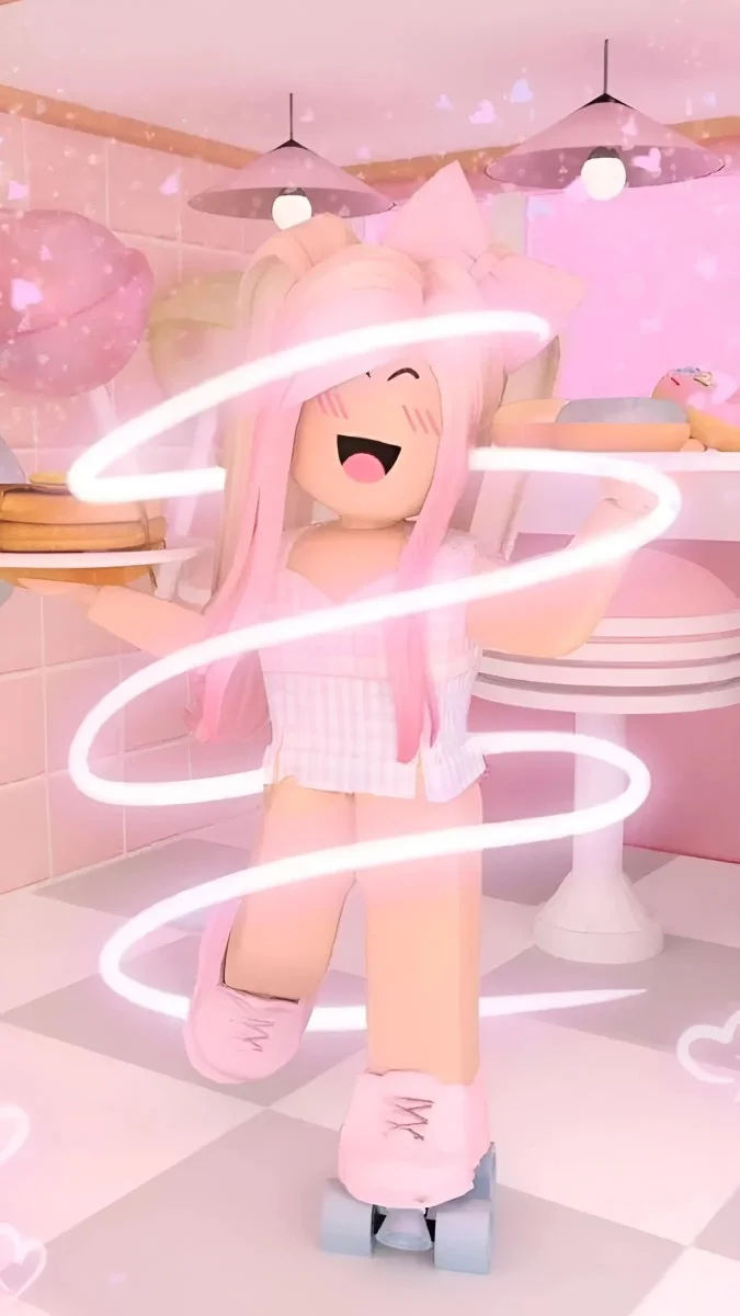 Nhân vật Roblox nữ tóc hồng vui vẻ trong quán kem màu hồng pastel