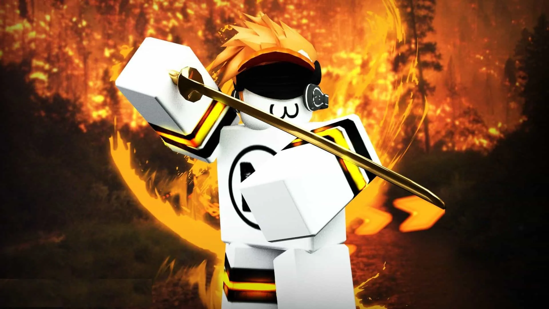 Nhân vật Roblox cầm búa chiến trong lửa đỏ