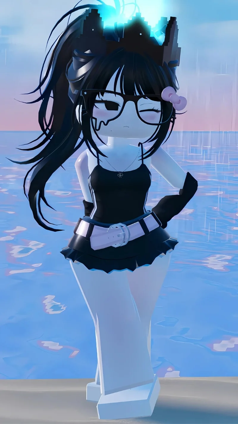 Nhân vật Roblox nữ tóc đen đeo tai mèo phát sáng xanh mặc váy đen