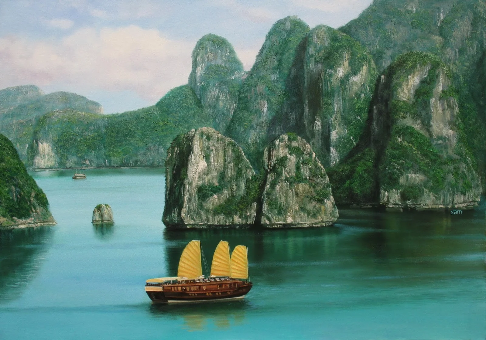 LÊ SÂM . vẽ tranh sơn dầu: Vịnh Hạ Long. tranh phong cảnh Việt Nam.