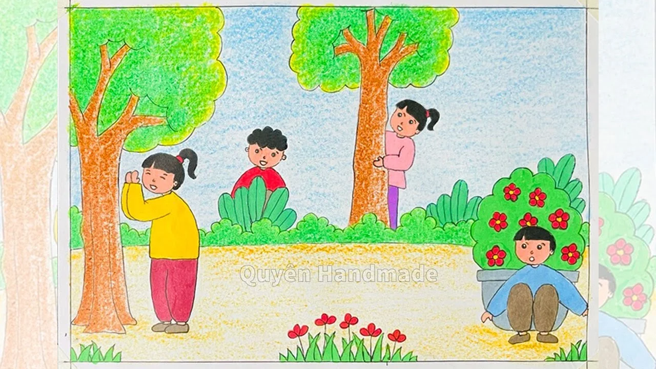 Tranh vẽ theo hình thức ước lệ lớp 7 | Vẽ kì nghỉ hè của em | Vẽ trò chơi dân gian trốn tìm