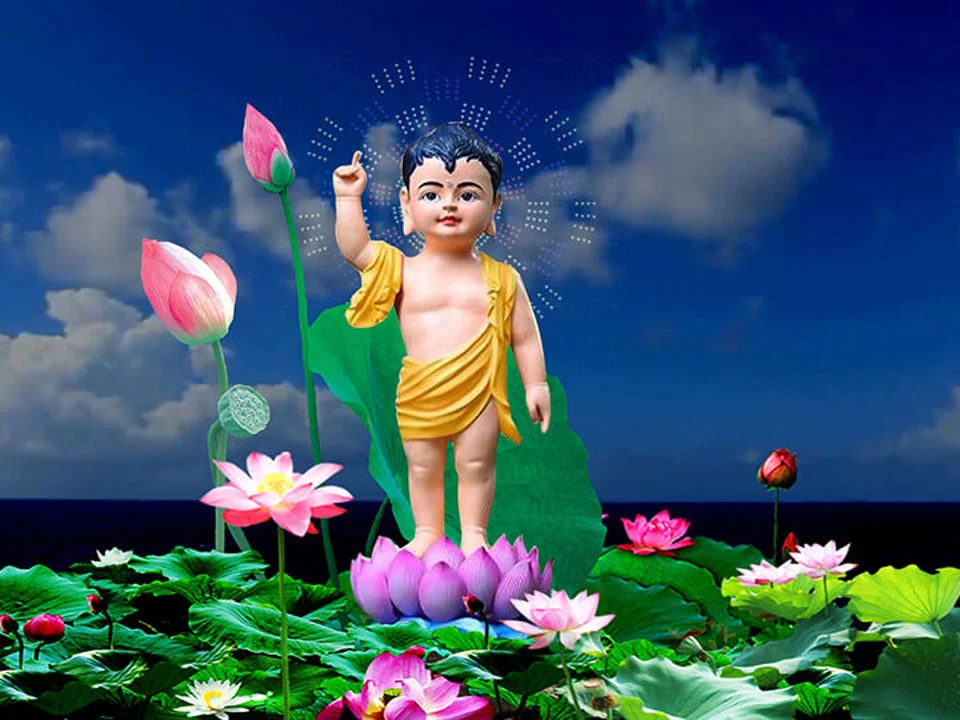 Hình Phật Thích Ca sơ sinh đứng trên hoa sen đẹp và trang nghiêm