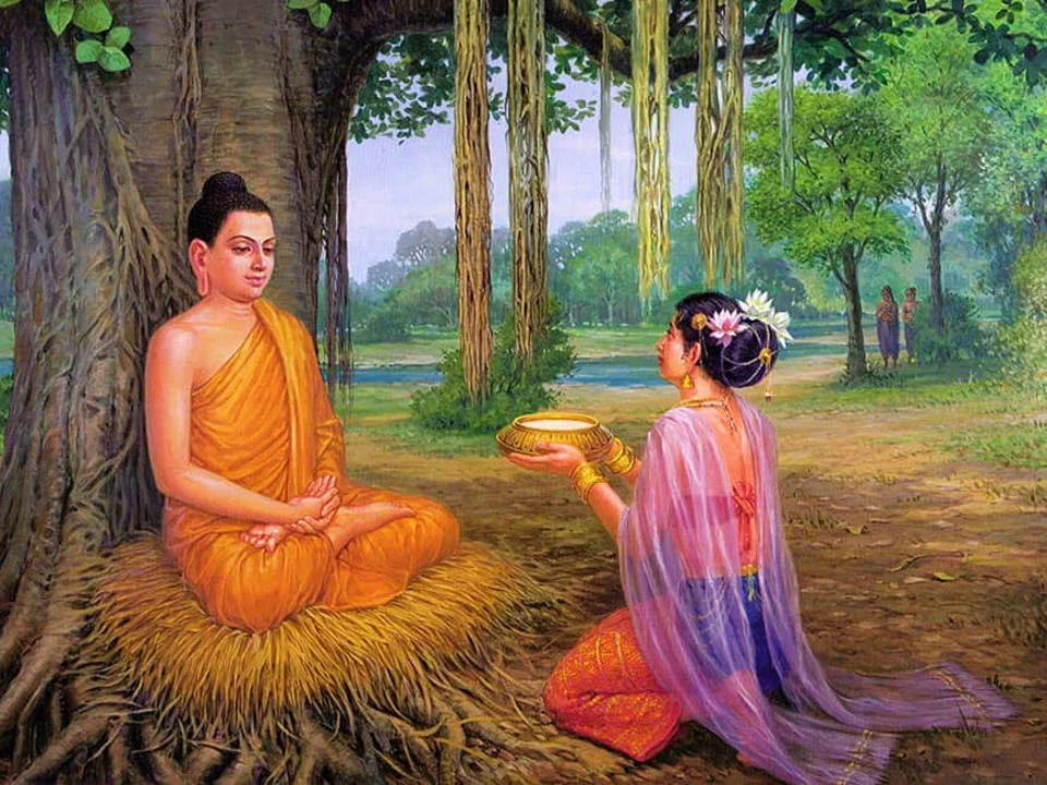 Hình Phật Thích Ca nhận bát cơm dâng cúng
