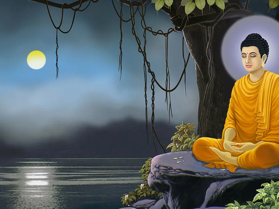 Hình Phật Thích Ca ngồi thiền dưới ánh trăng