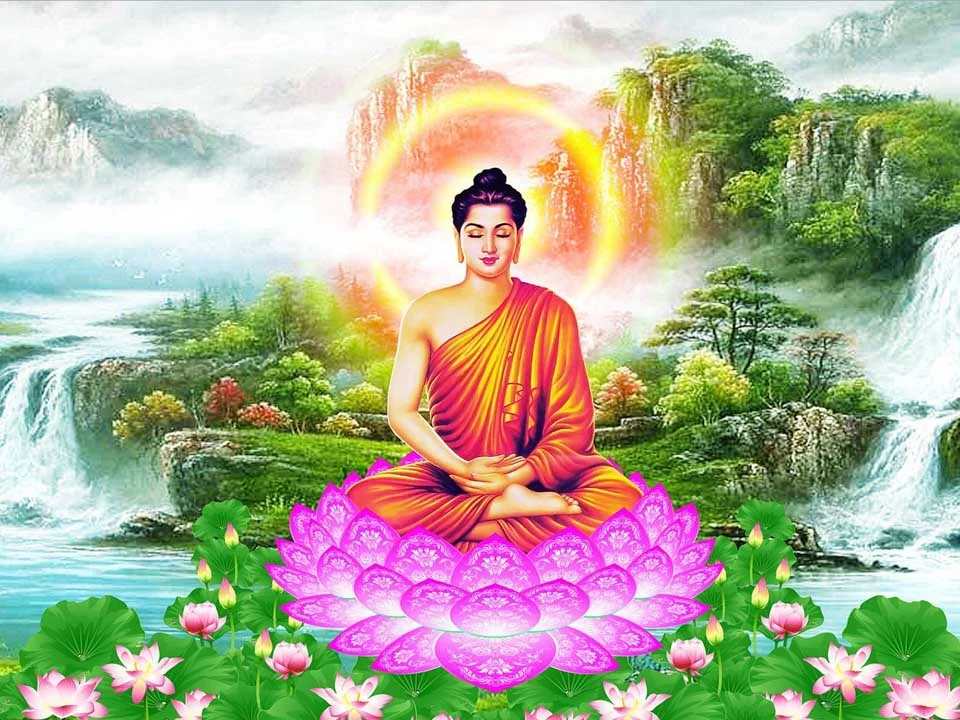 Hình Phật Thích Ca tọa thiền trên đài sen giữa thiên nhiên