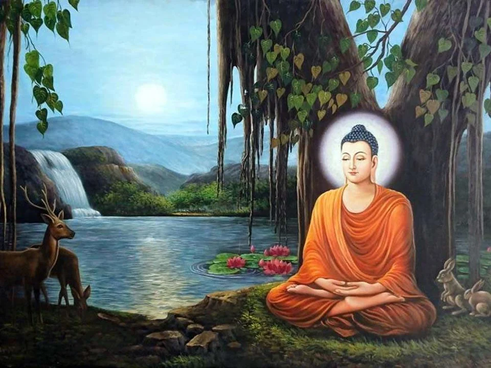 Hình Phật Thích Ca tọa thiền bên bờ suối