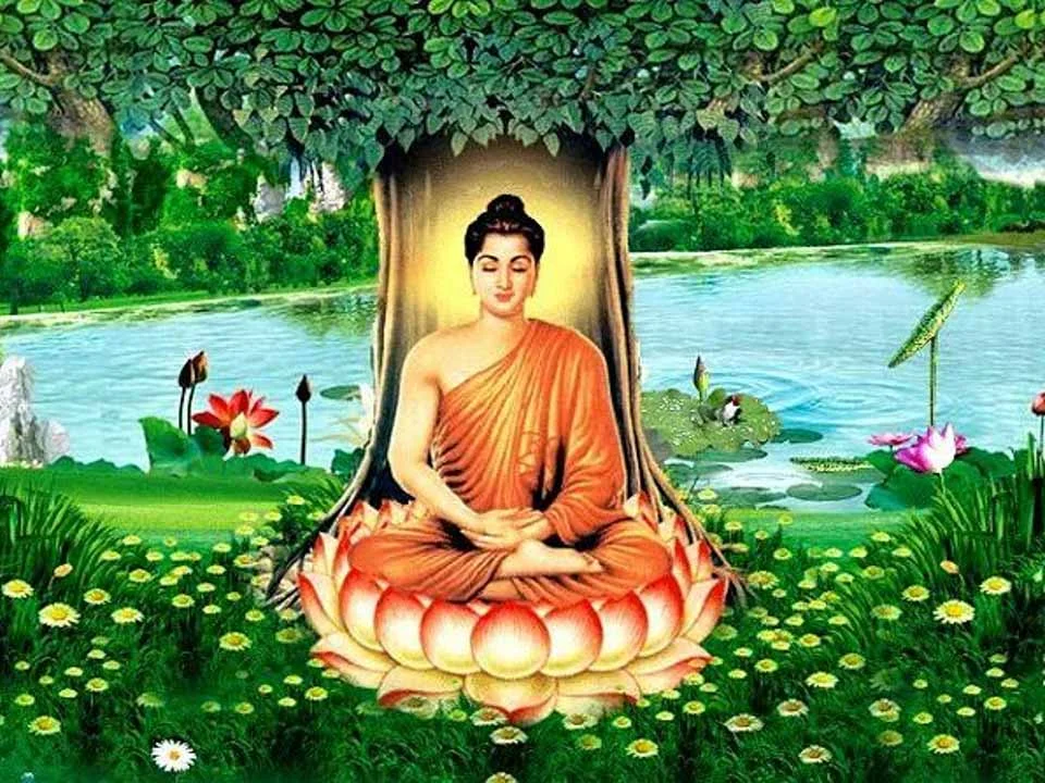 Hình Phật Thích Ca ngồi thiền trên đài sen giữa hồ