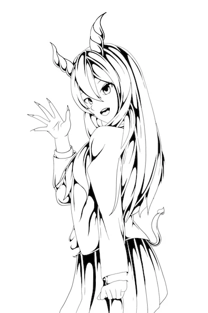 Tranh tô màu cô gái anime tóc dài có sừng