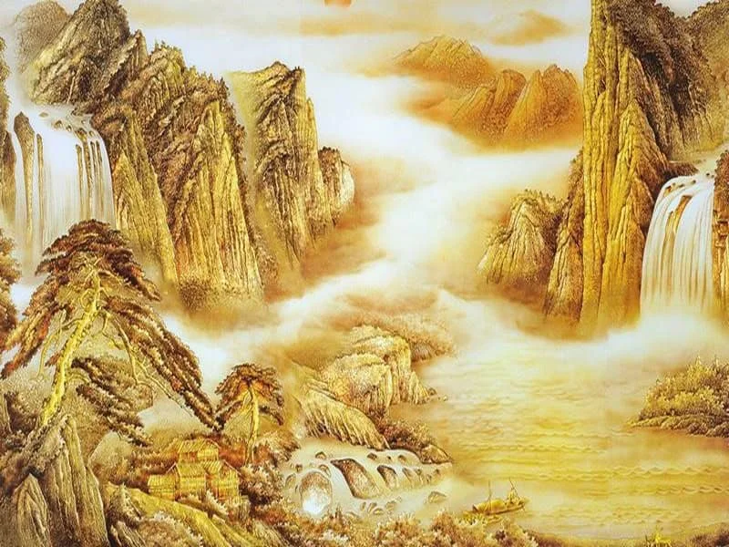 Tranh phong cảnh núi non vàng hình nền mệnh Thổ