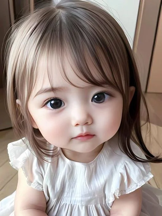 cô bé cute tóc nâu nhìn camera