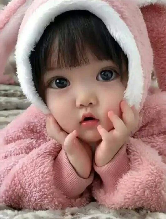Bé trai mặc áo khoác hồng lông xù chống cằm