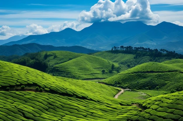 Tranh vẽ bảo vệ môi trường với phong cảnh đồi chè xanh mướt, núi non hùng vĩ và bầu trời trong lành