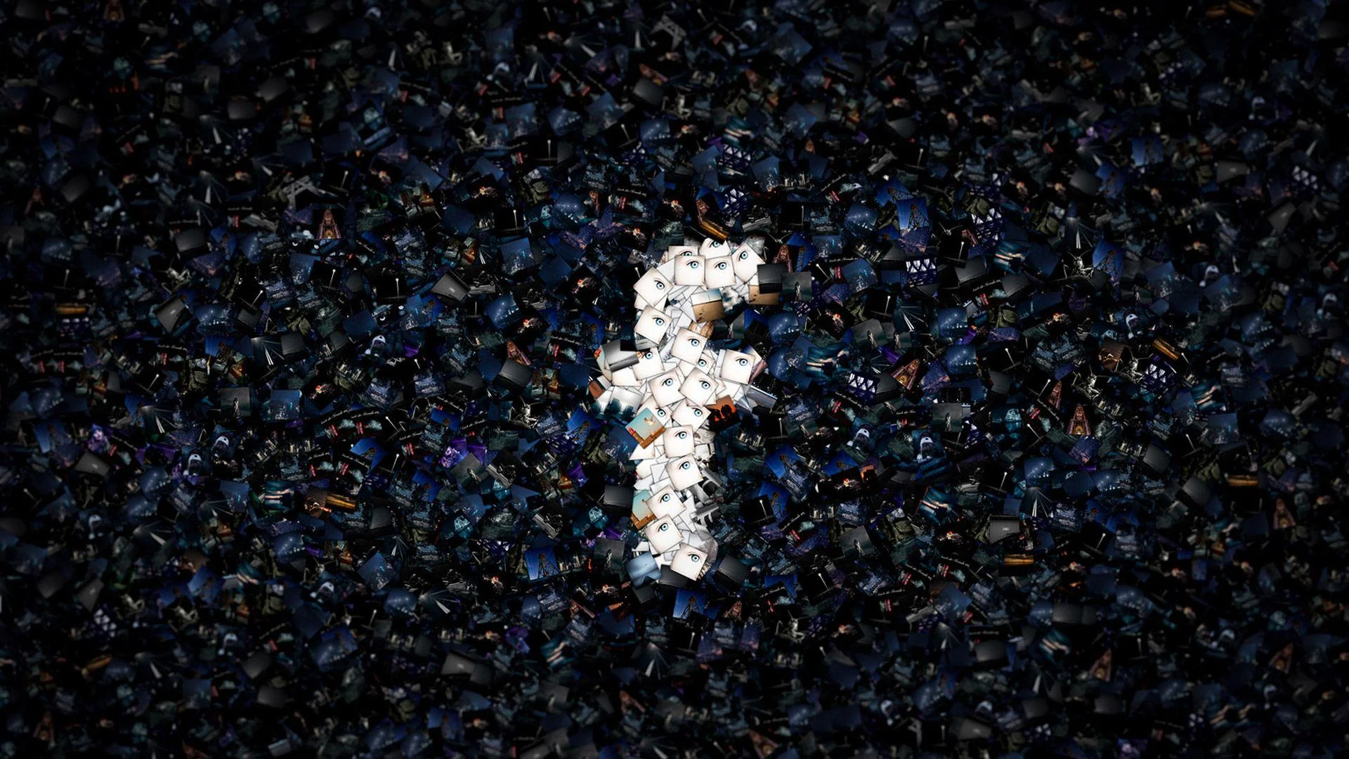 Hình nền Facebook nghệ thuật với biểu tượng chữ f tạo từ các khuôn mặt người trên nền tối