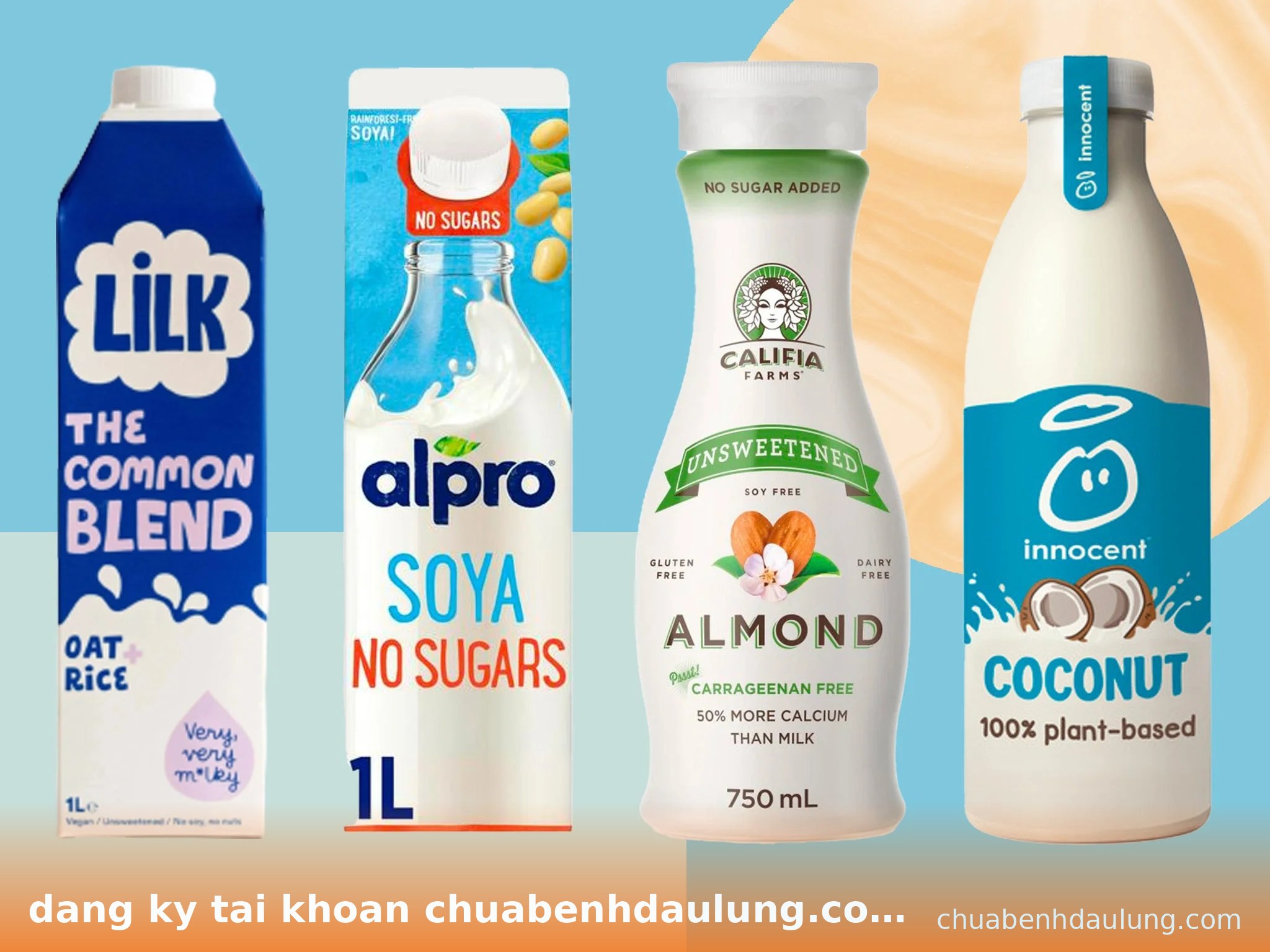 Bốn chai sữa yến mạch đậu nành hạnh nhân dừa Alpro Innocent, chủ đề dang ky tai khoan chuabenhdaulung.com nhan code tan thu