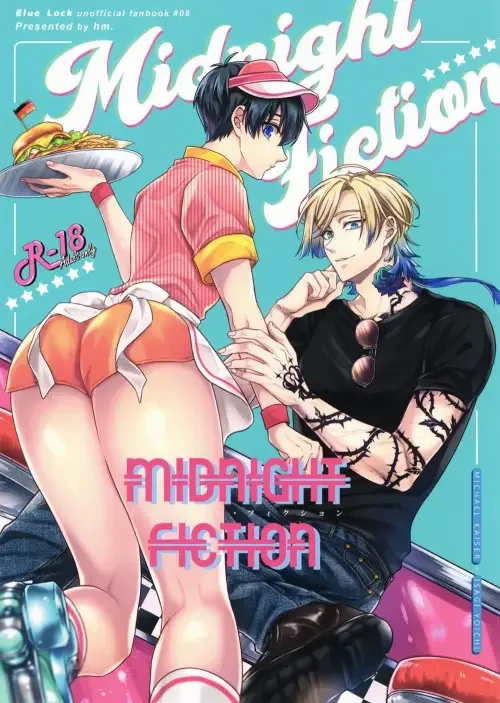 Hình ảnh fanart Blue Lock r34 với Isagi và Kaiser trong trang phục quán ăn retro.