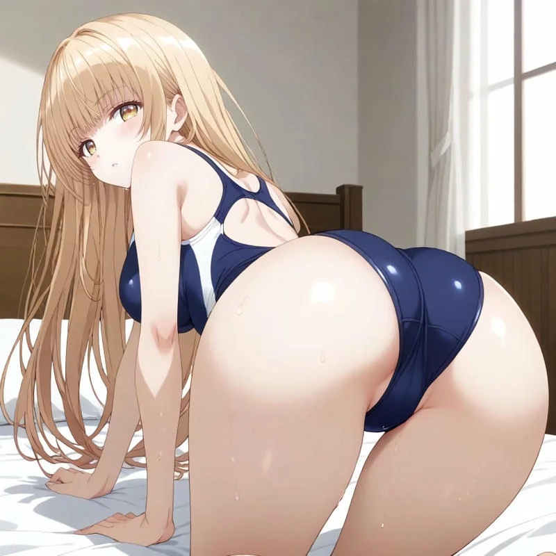 Nhân vật anime phong cách mahiru shiina hentai trong bộ đồ bơi trên giường.