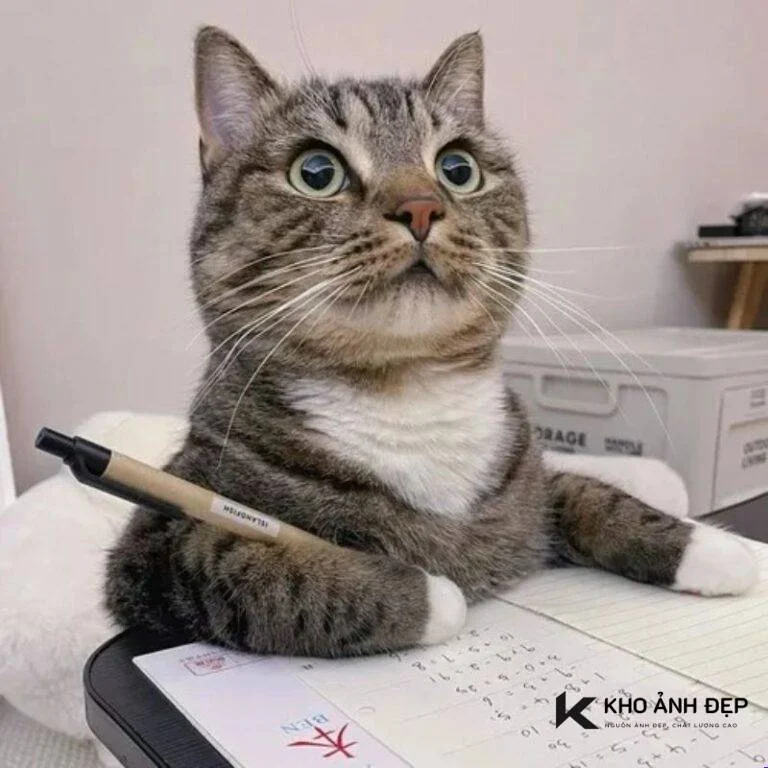 Meme ghi chép hài hước với hình ảnh con mèo mướp đang ngồi cầm bút trước vở với vẻ mặt ngáo ngơ